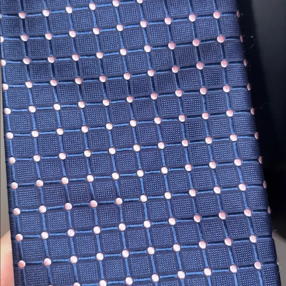 Barneys New York Blue With Pink Polka Dot Windowpane Design Silk Necktie Tie